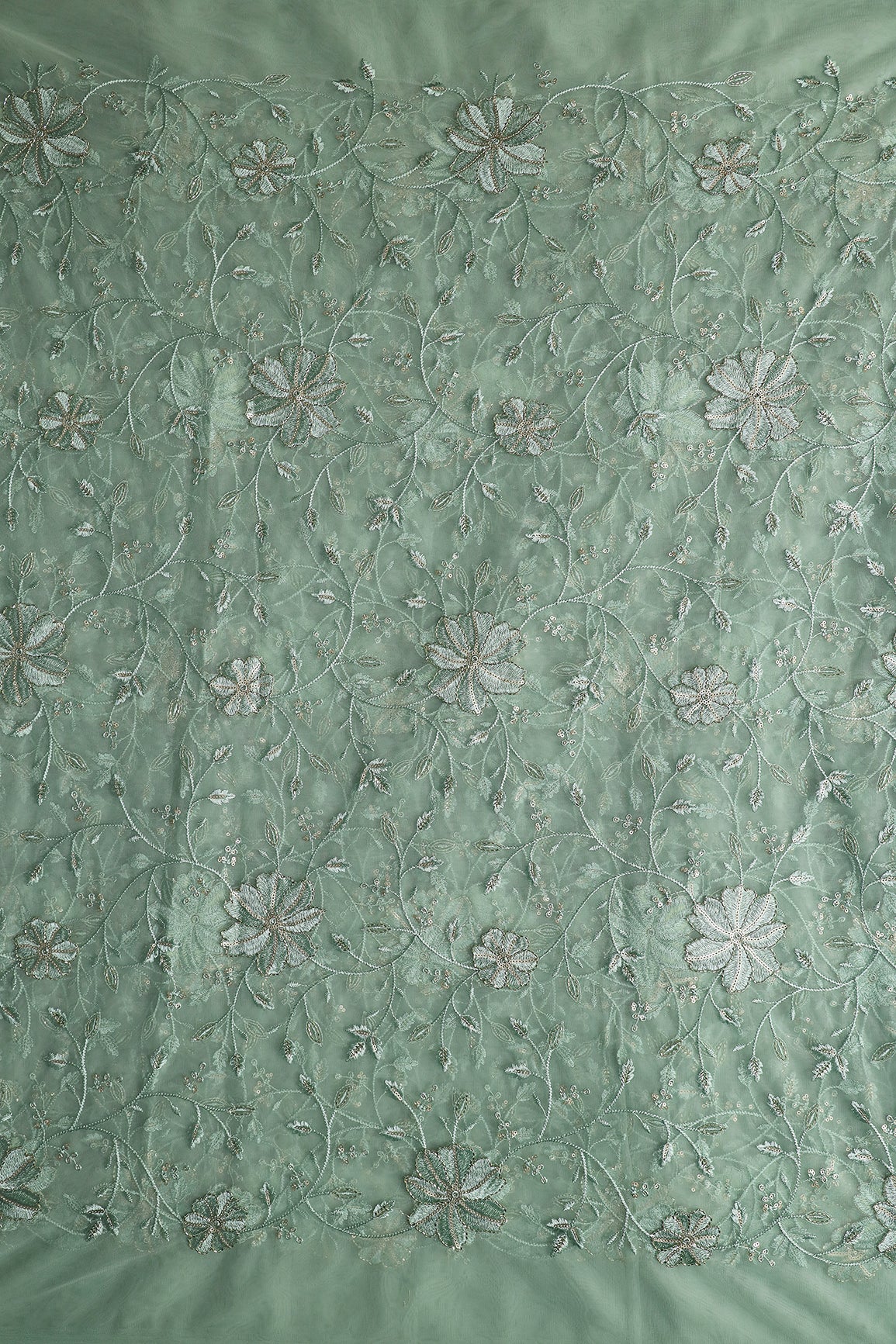 Olive Thread & Beads With Gold Sequins Floral Leafy Embroidery Work On Olive Soft Net Fabric