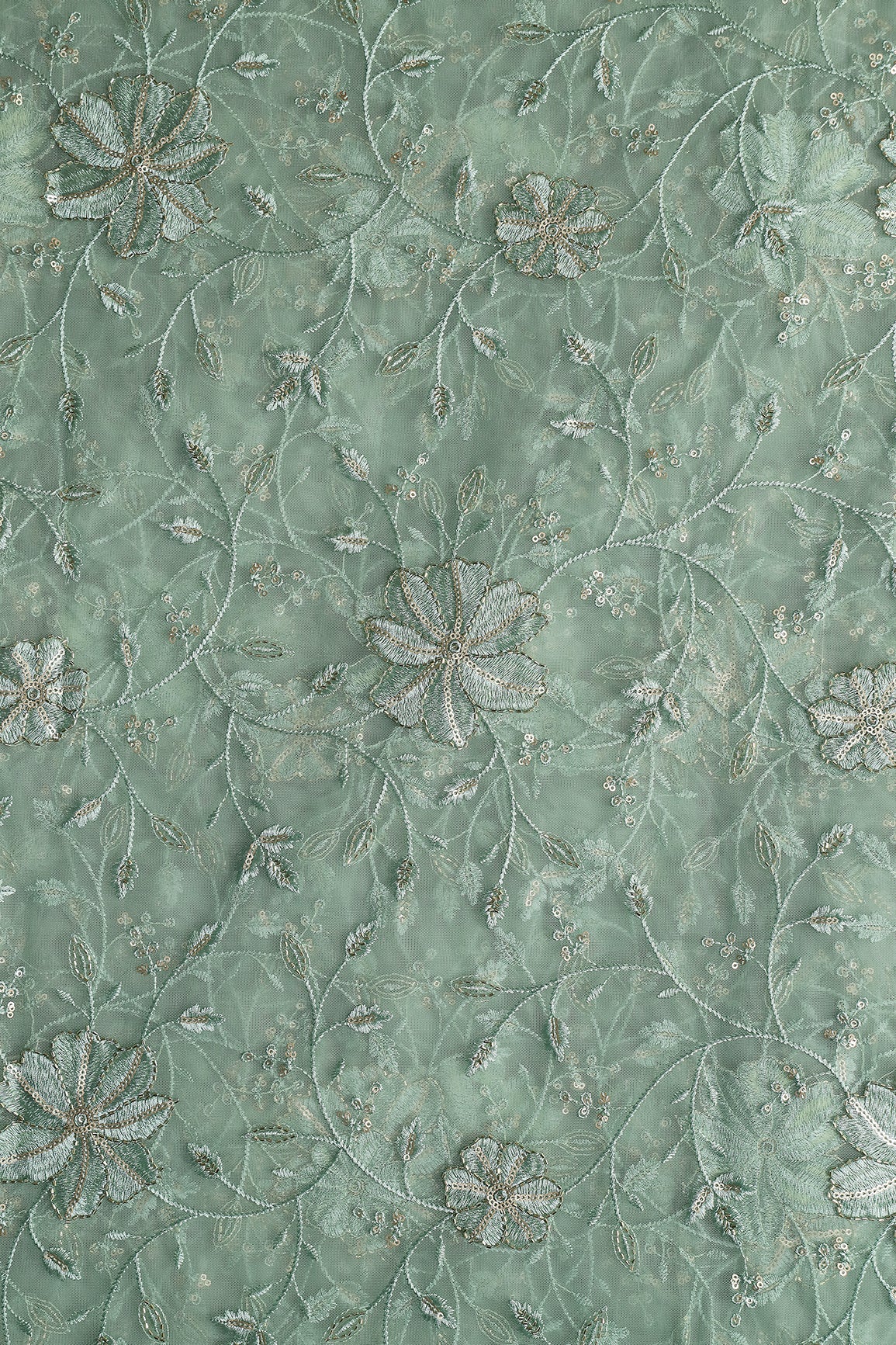 Olive Thread & Beads With Gold Sequins Floral Leafy Embroidery Work On Olive Soft Net Fabric