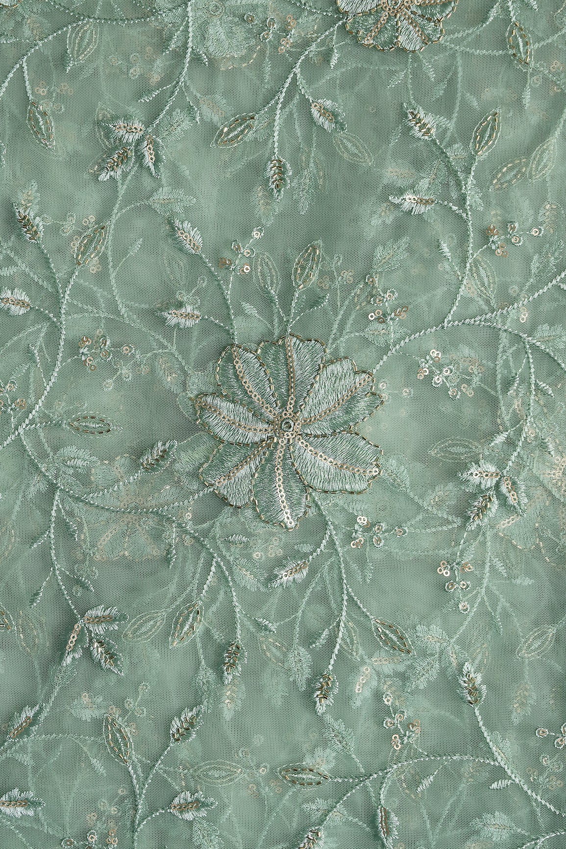Olive Thread & Beads With Gold Sequins Floral Leafy Embroidery Work On Olive Soft Net Fabric