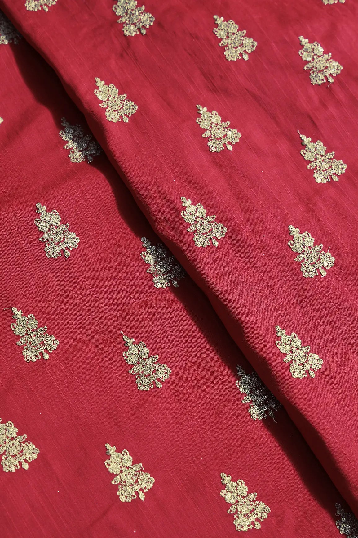Gold Sequins With Gold Zari Big Motif Embroidery Work On Red Raw Silk Fabric