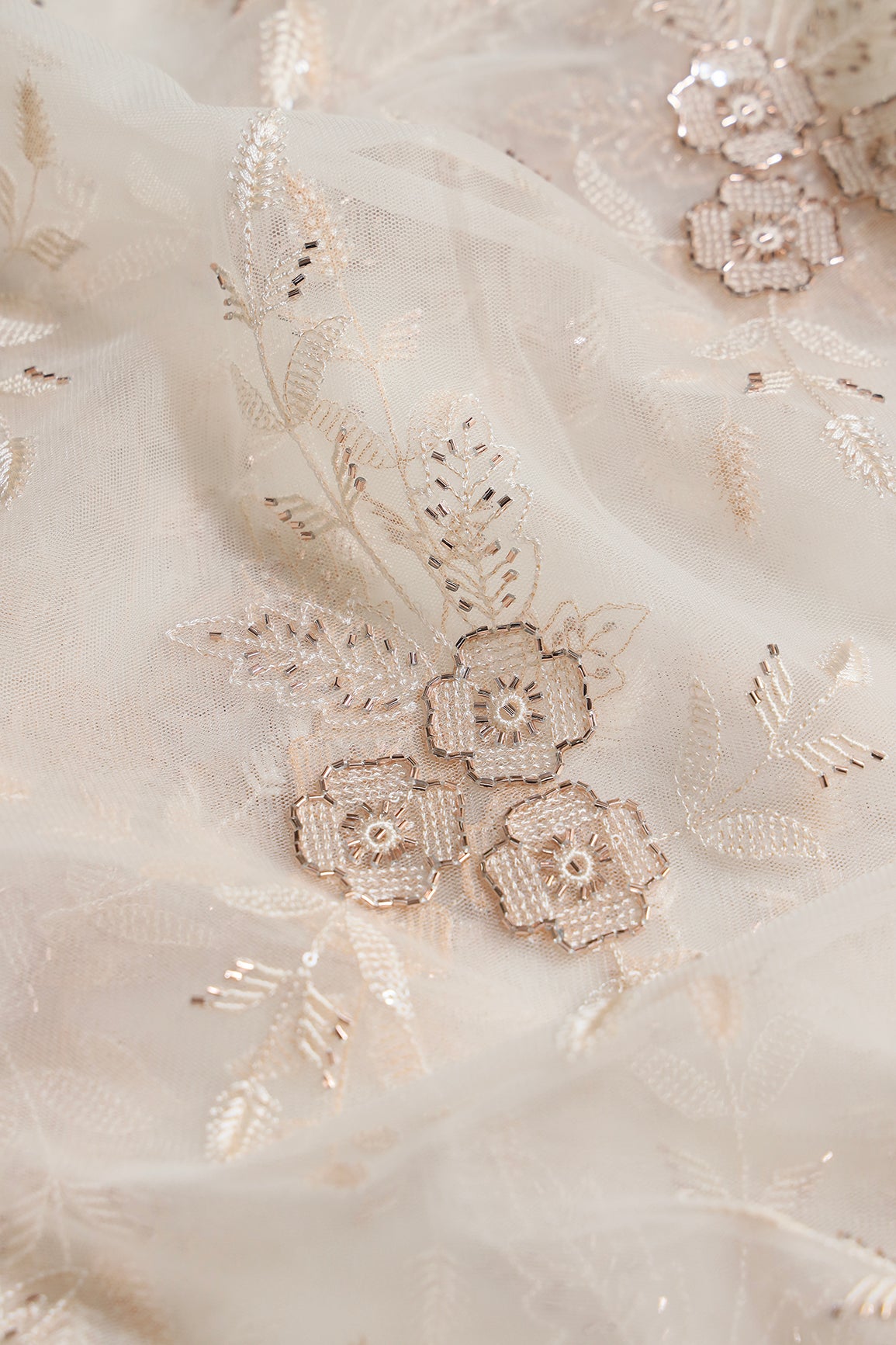 Cream Thread & Beads With Water Sequins Floral Embroidery Work On Cream Soft Net Fabric