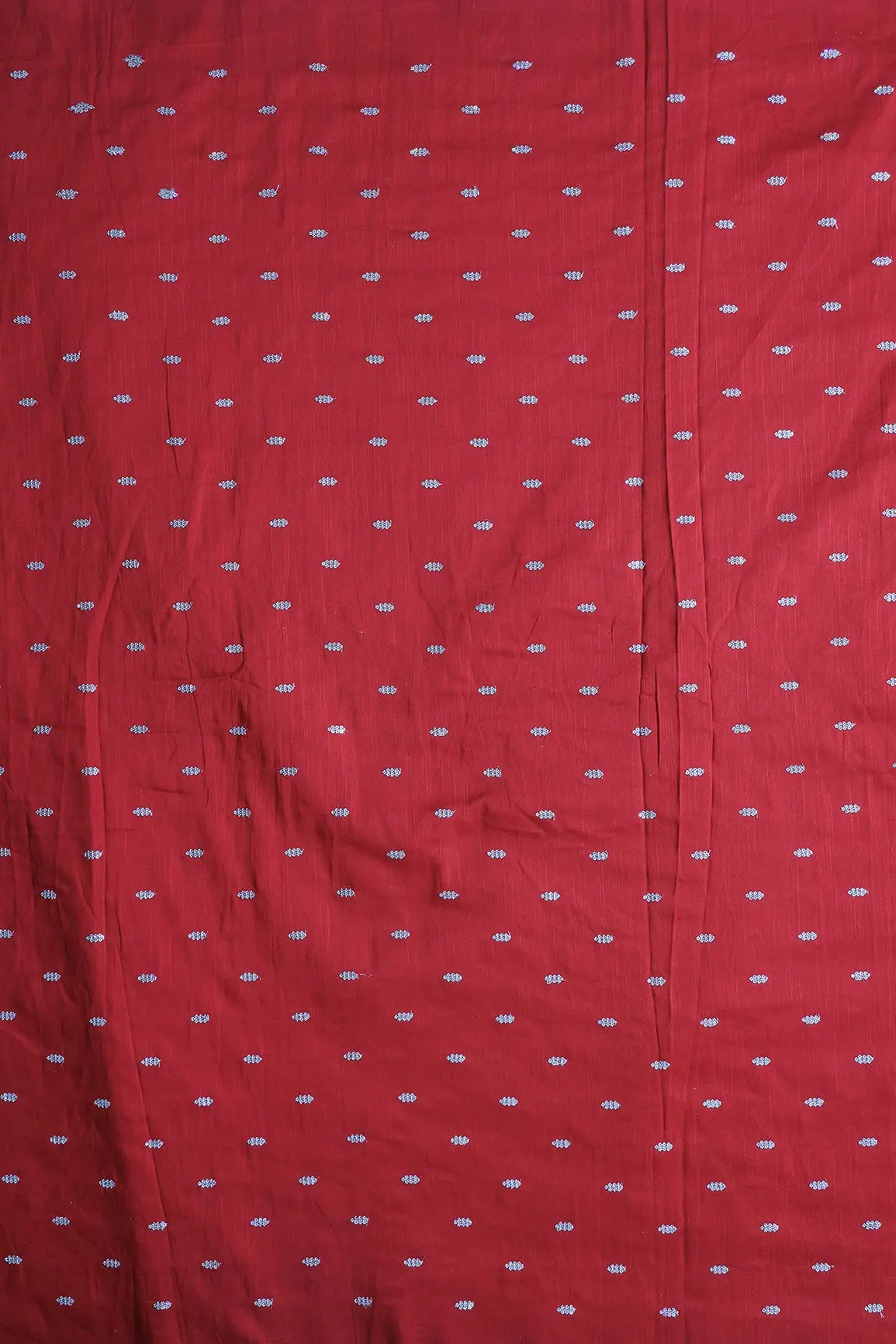 Silver Sequins With Gold Zari Small Motif Embroidery Work On Red Raw Silk Fabric
