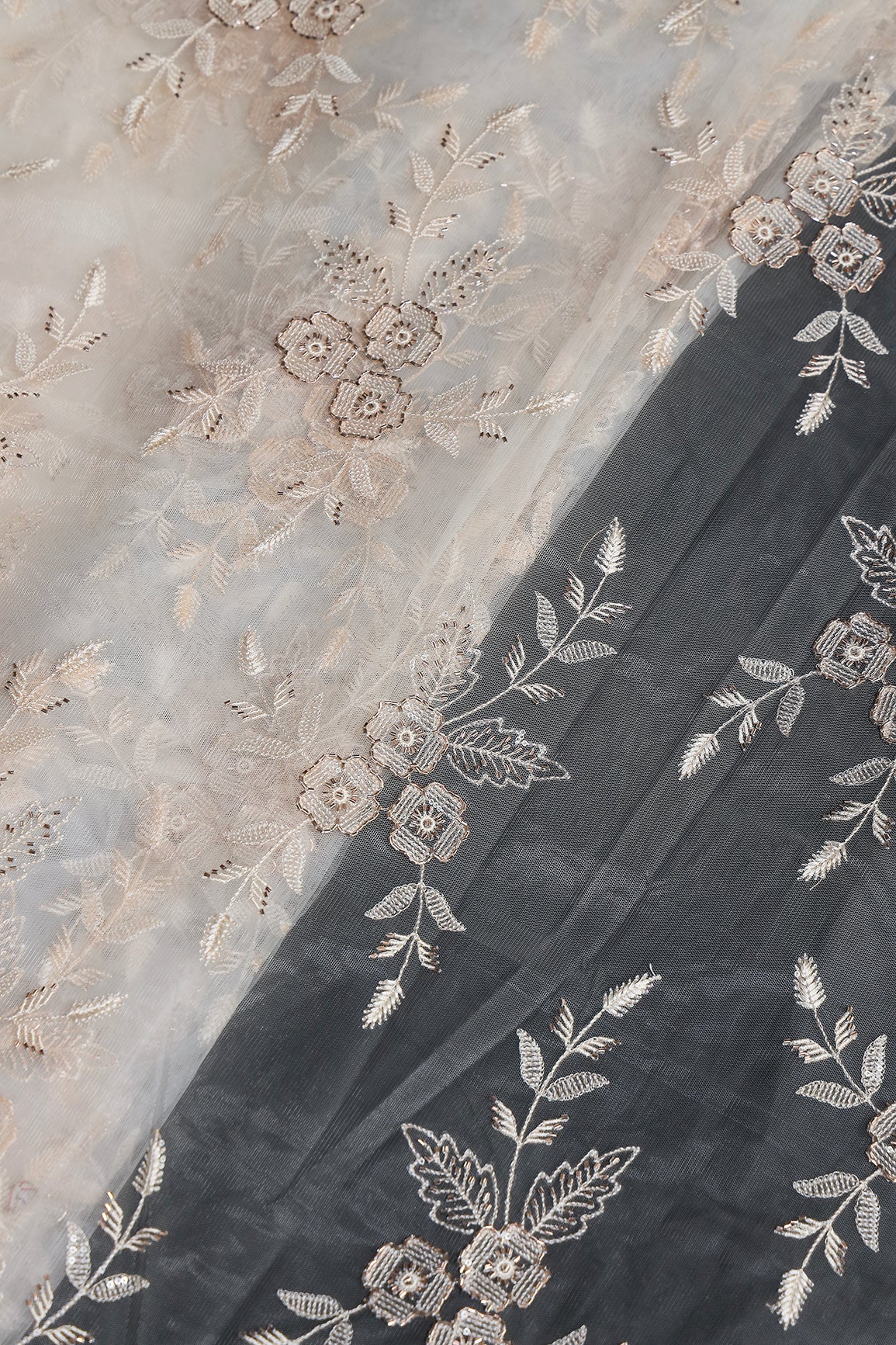 Cream Thread & Beads With Water Sequins Floral Embroidery Work On Cream Soft Net Fabric