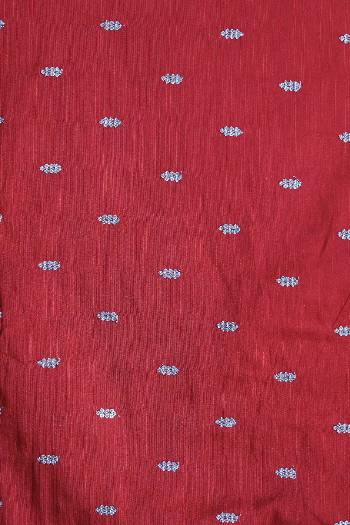 Silver Sequins With Gold Zari Small Motif Embroidery Work On Red Raw Silk Fabric