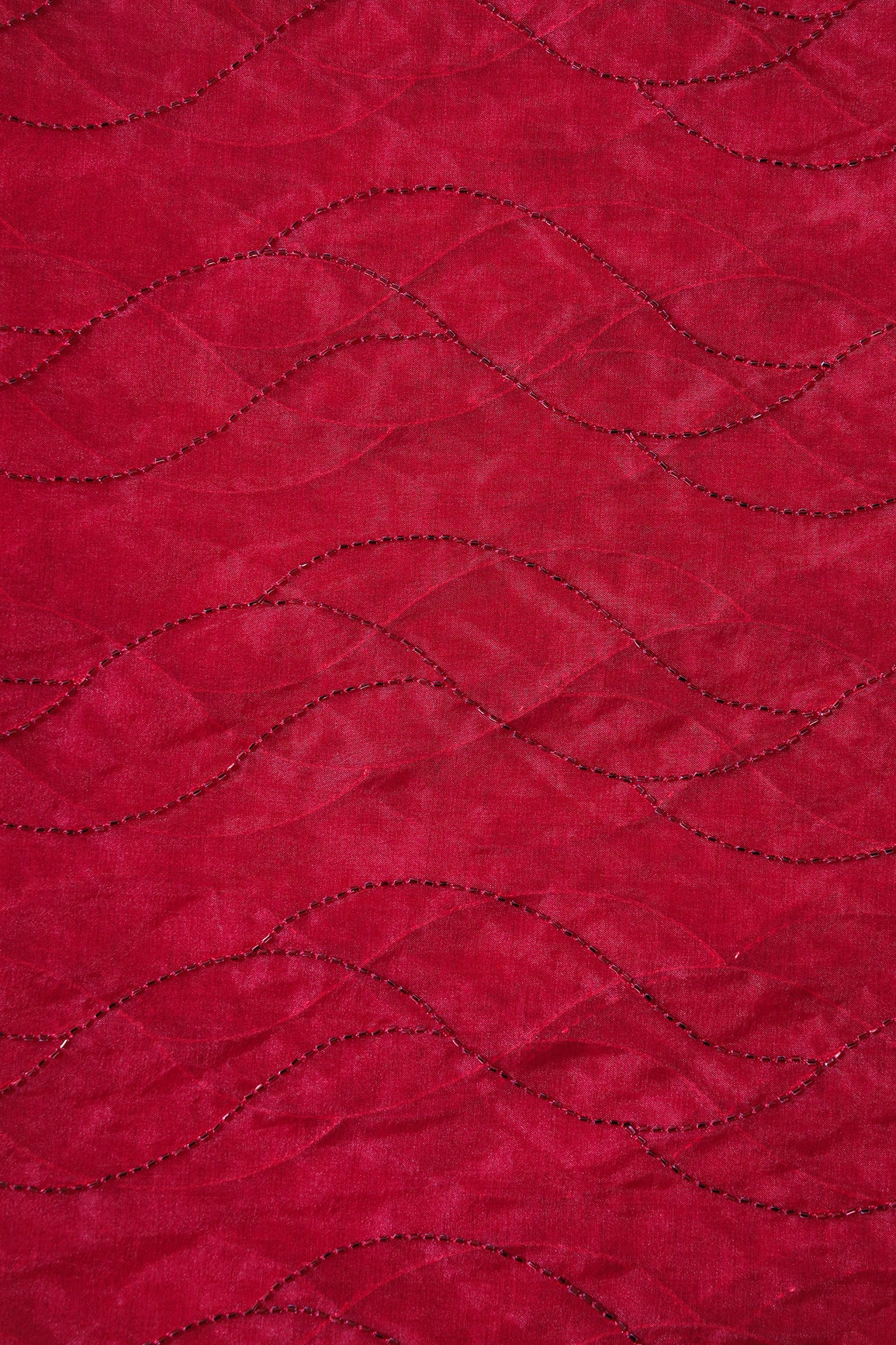 Cut Dana Beads Wonderful Wavy Embroidery On Red Organza Fabric