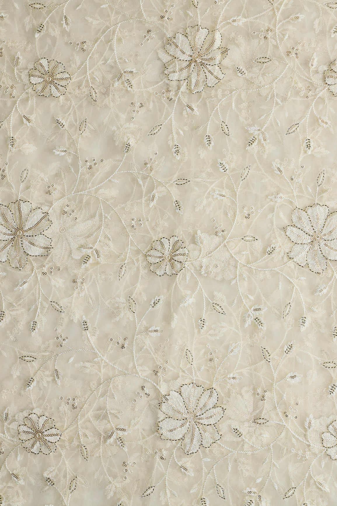 Cream Thread & Beads With Gold Sequins Floral Leafy Embroidery Work On Cream Soft Net Fabric