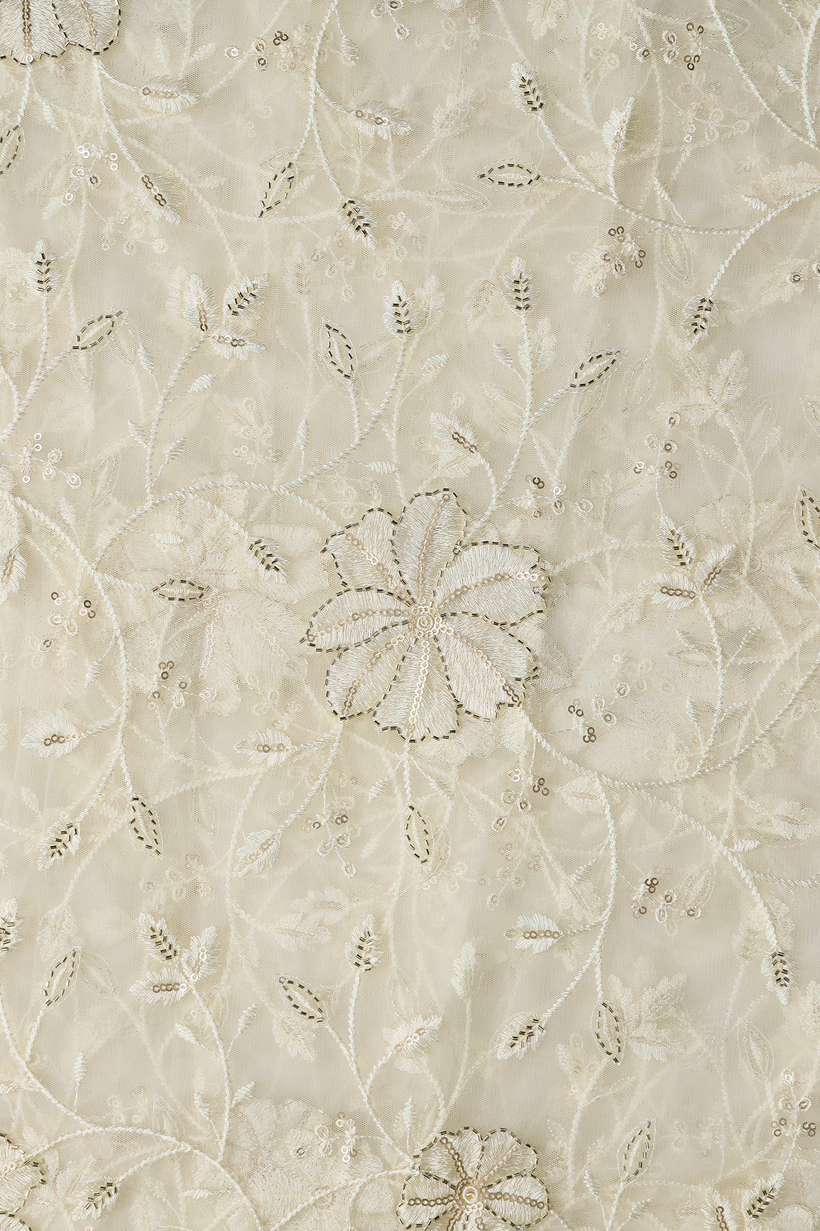 Cream Thread & Beads With Gold Sequins Floral Leafy Embroidery Work On Cream Soft Net Fabric