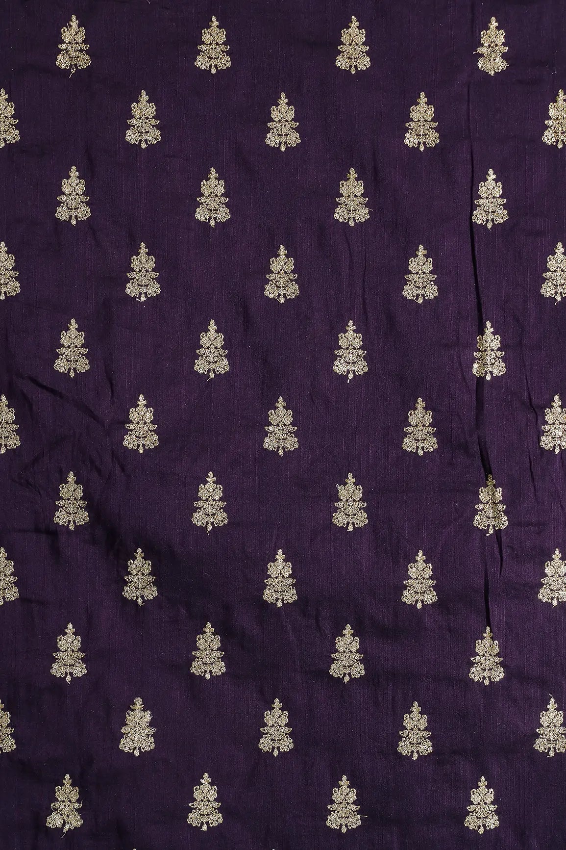 Gold Sequins With Gold Zari Big Motif Embroidery Work On Wine Raw Silk Fabric