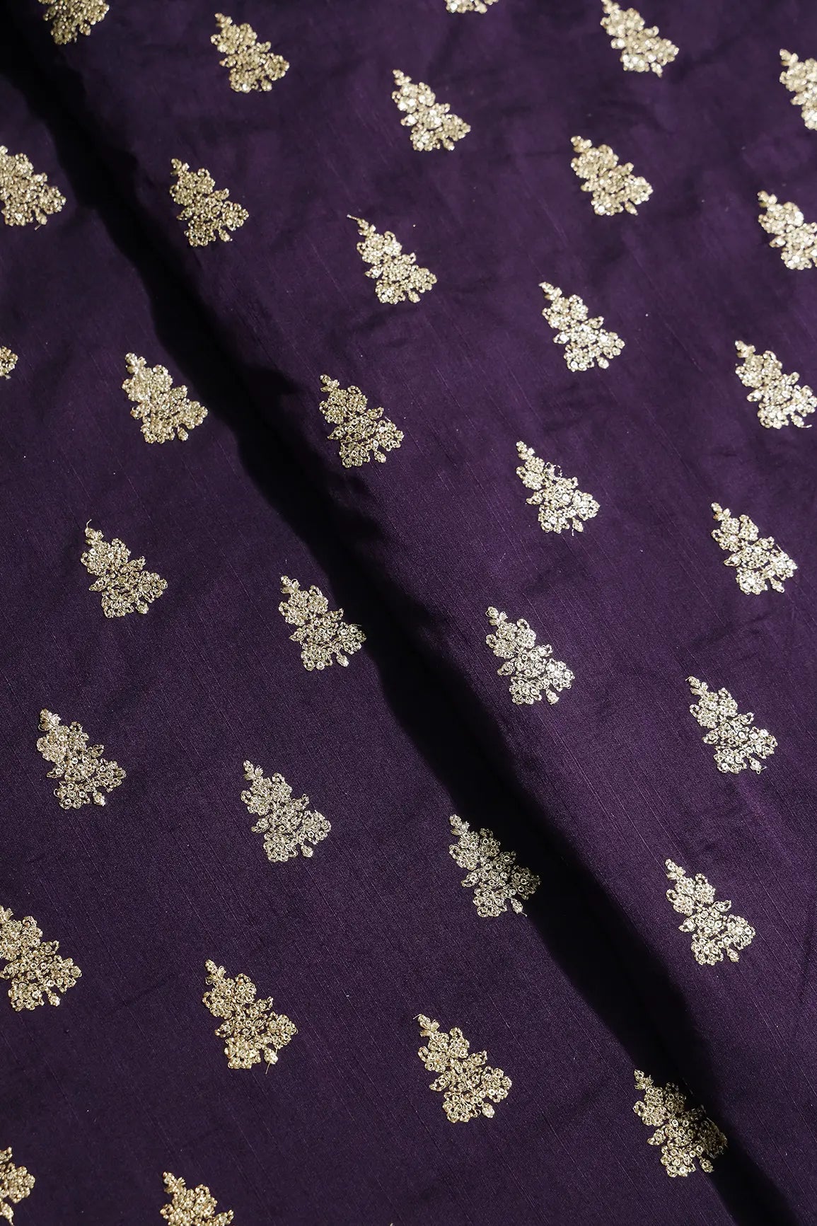 Gold Sequins With Gold Zari Big Motif Embroidery Work On Wine Raw Silk Fabric