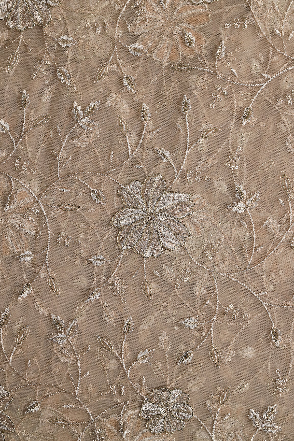 Beige Thread & Beads With Gold Sequins Floral Leafy Embroidery Work On Beige Soft Net Fabric
