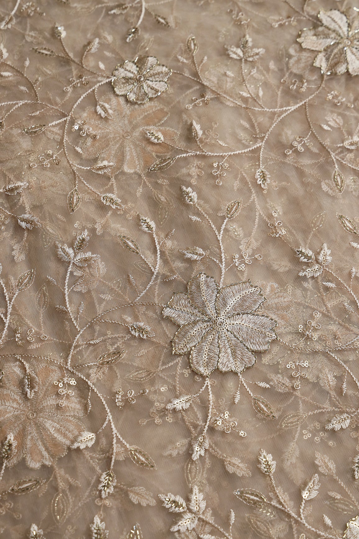 Beige Thread & Beads With Gold Sequins Floral Leafy Embroidery Work On Beige Soft Net Fabric
