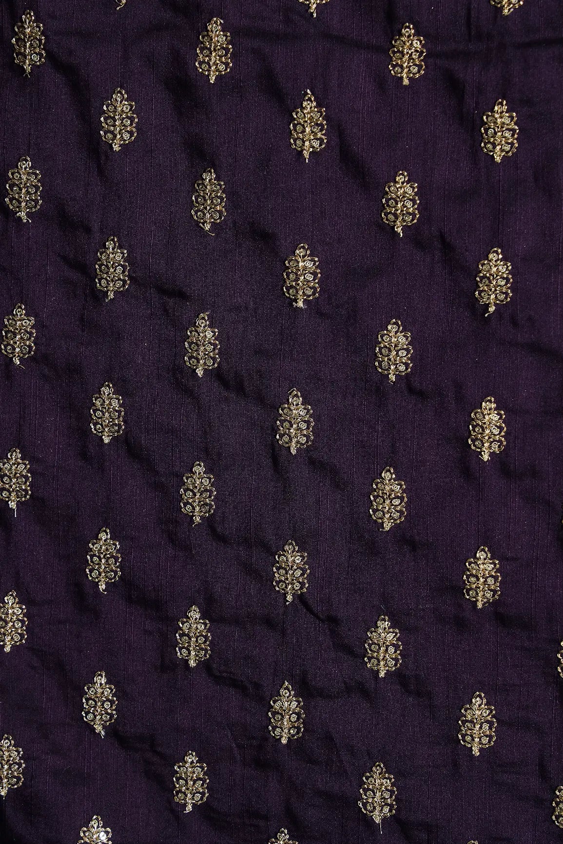 Gold Sequins With Gold Zari Small Motif Embroidery Work On Wine Raw Silk Fabric