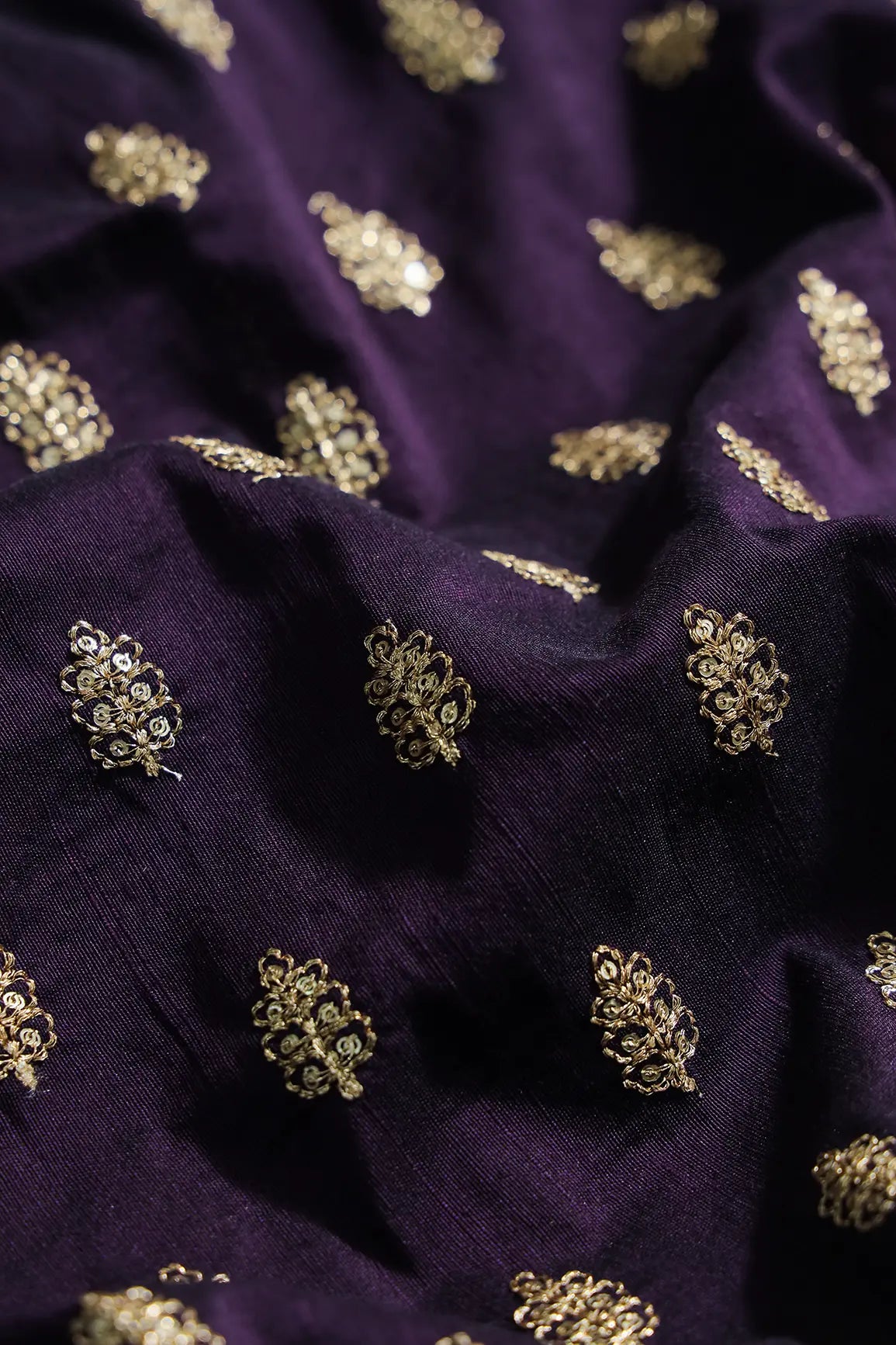 Gold Sequins With Gold Zari Small Motif Embroidery Work On Wine Raw Silk Fabric