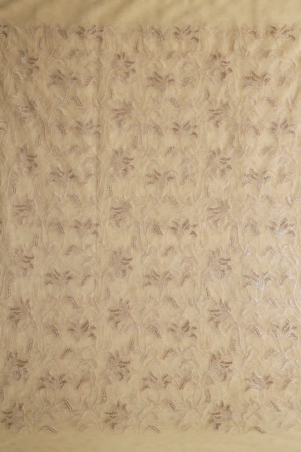 Beige Thread & Beads With Water Sequins Floral Leafy Embroidery Work On Beige Soft Net Fabric