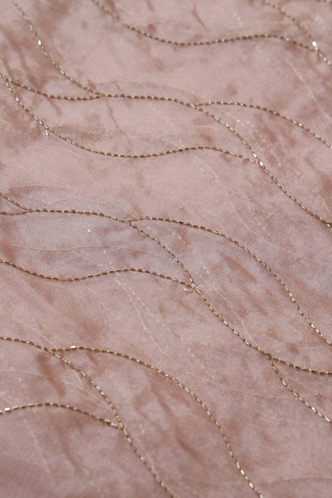 Cut Dana Beads Wonderful Wavy Embroidery On Beige Organza Fabric