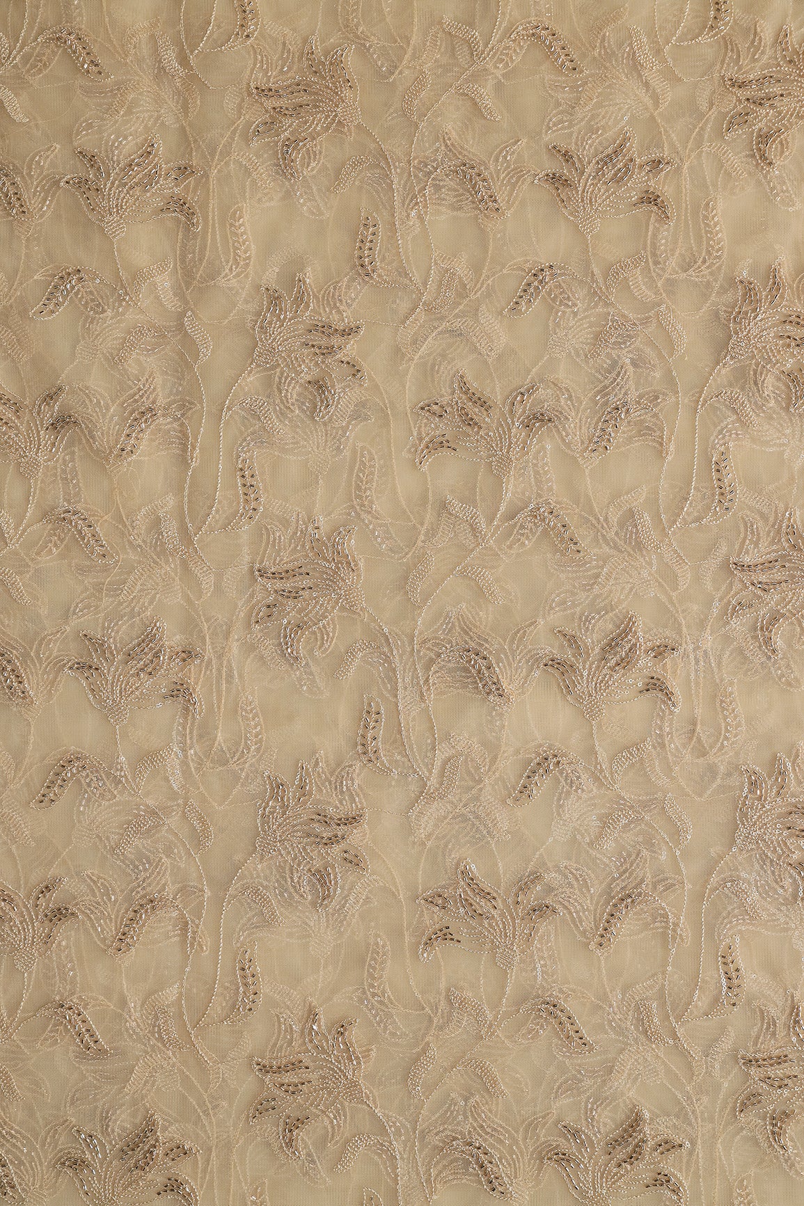 Beige Thread & Beads With Water Sequins Floral Leafy Embroidery Work On Beige Soft Net Fabric