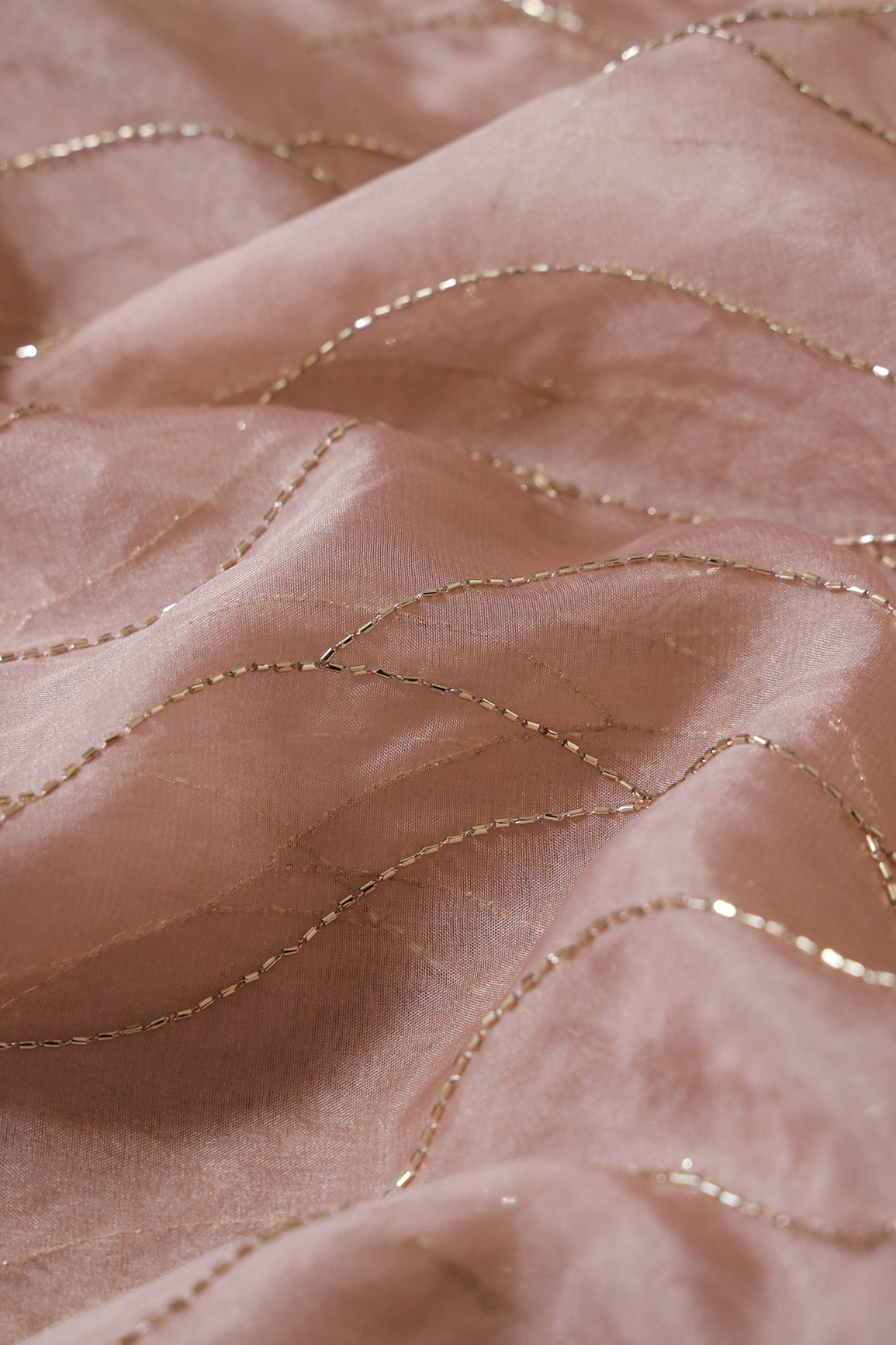 Cut Dana Beads Wonderful Wavy Embroidery On Beige Organza Fabric