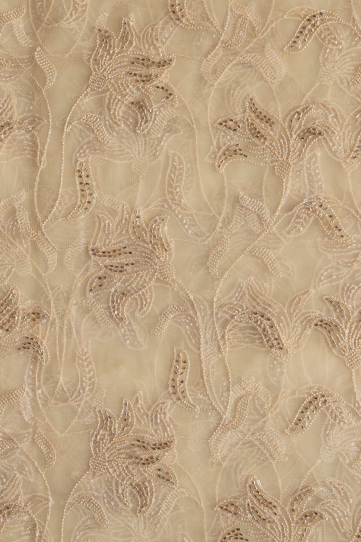 Beige Thread & Beads With Water Sequins Floral Leafy Embroidery Work On Beige Soft Net Fabric