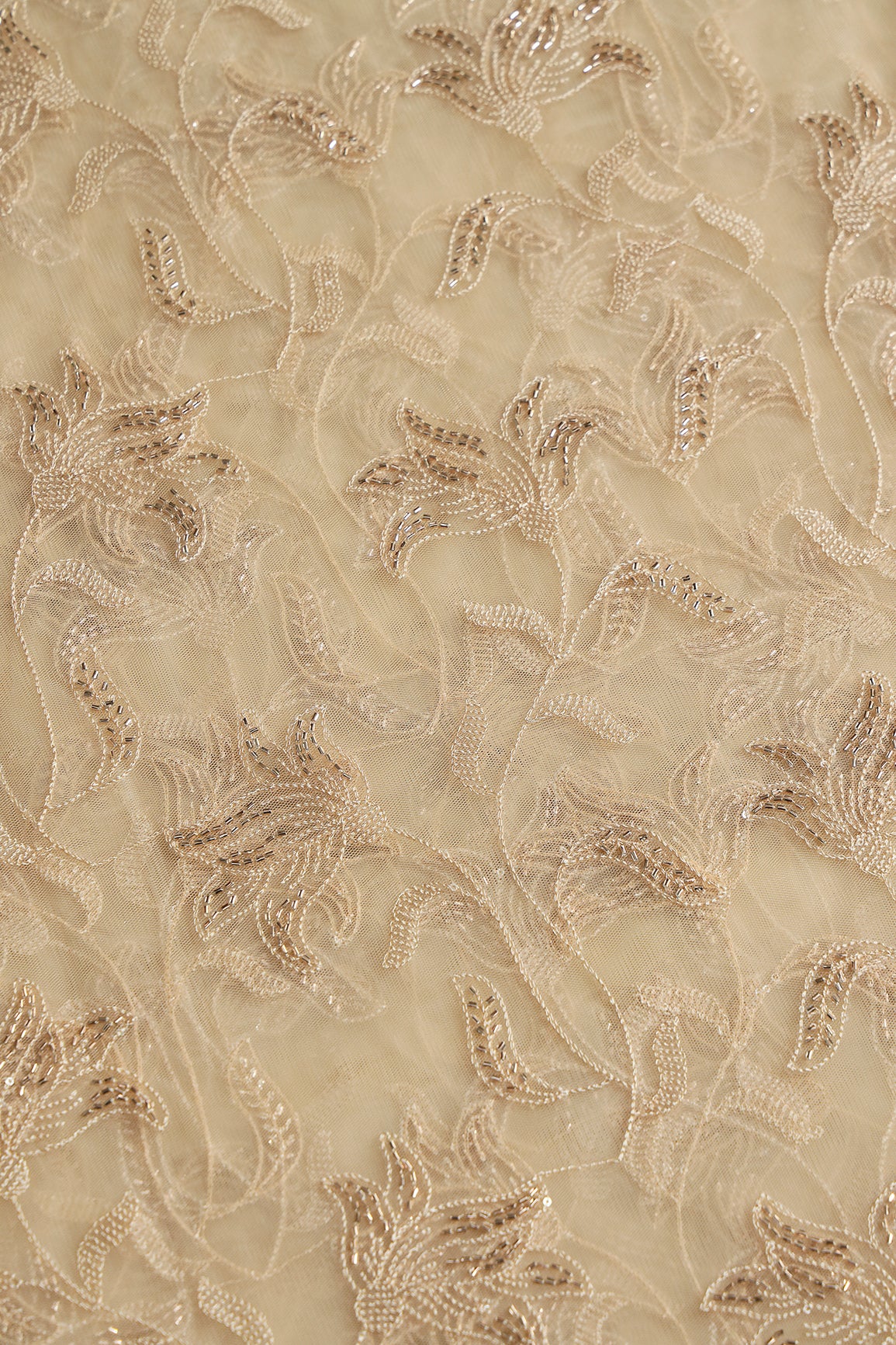 Beige Thread & Beads With Water Sequins Floral Leafy Embroidery Work On Beige Soft Net Fabric