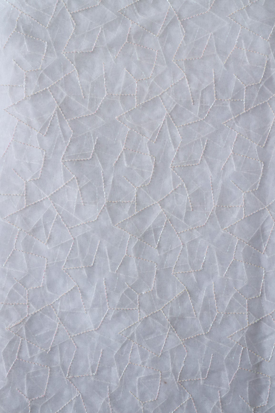Cut Dana Beads Appealing Abstract Embroidery On White Dyeable Organza Fabric