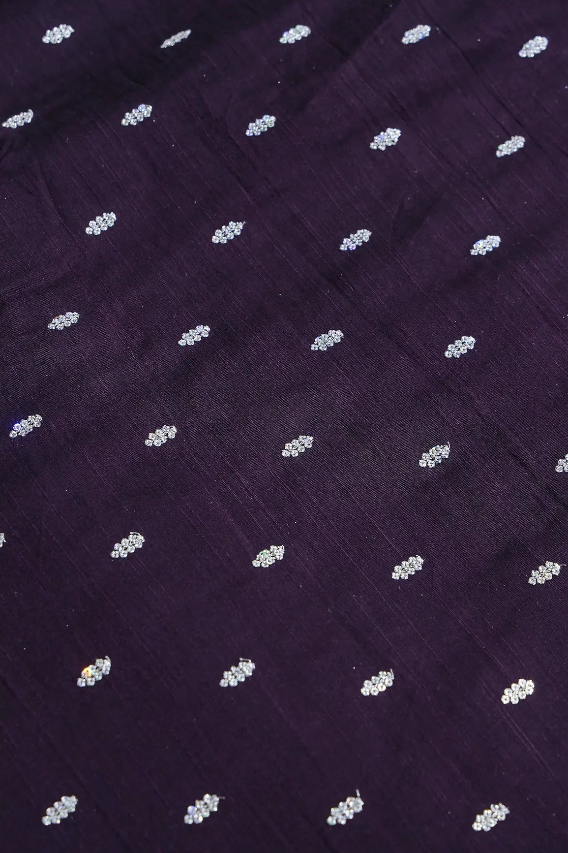 Silver Sequins With Gold Zari Small Motif Embroidery Work On Wine Raw Silk Fabric
