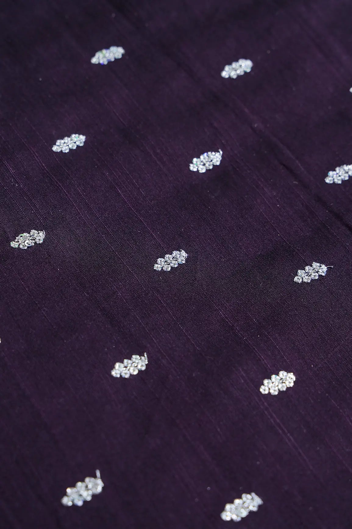 Silver Sequins With Gold Zari Small Motif Embroidery Work On Wine Raw Silk Fabric