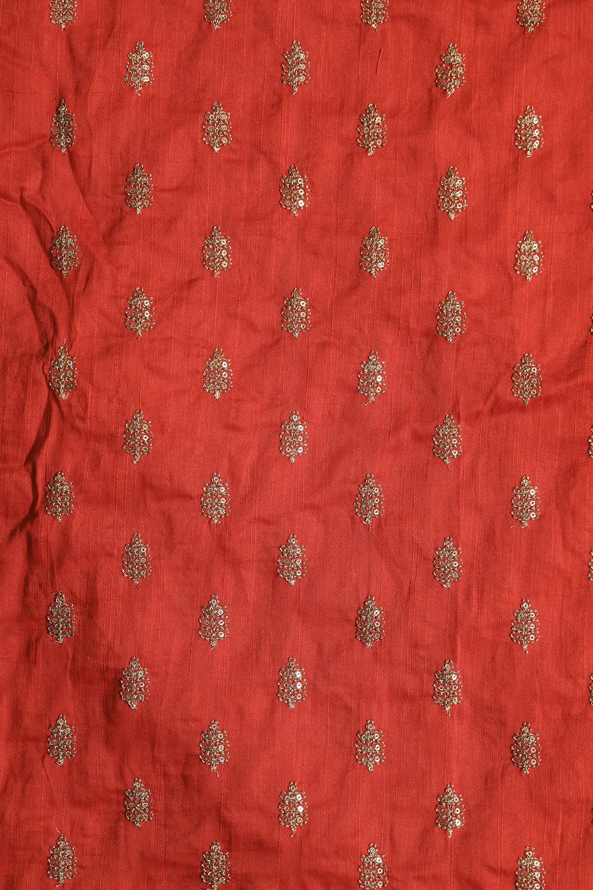 Gold Sequins With Gold Zari Small Motif Embroidery Work On Orange Raw Silk Fabric