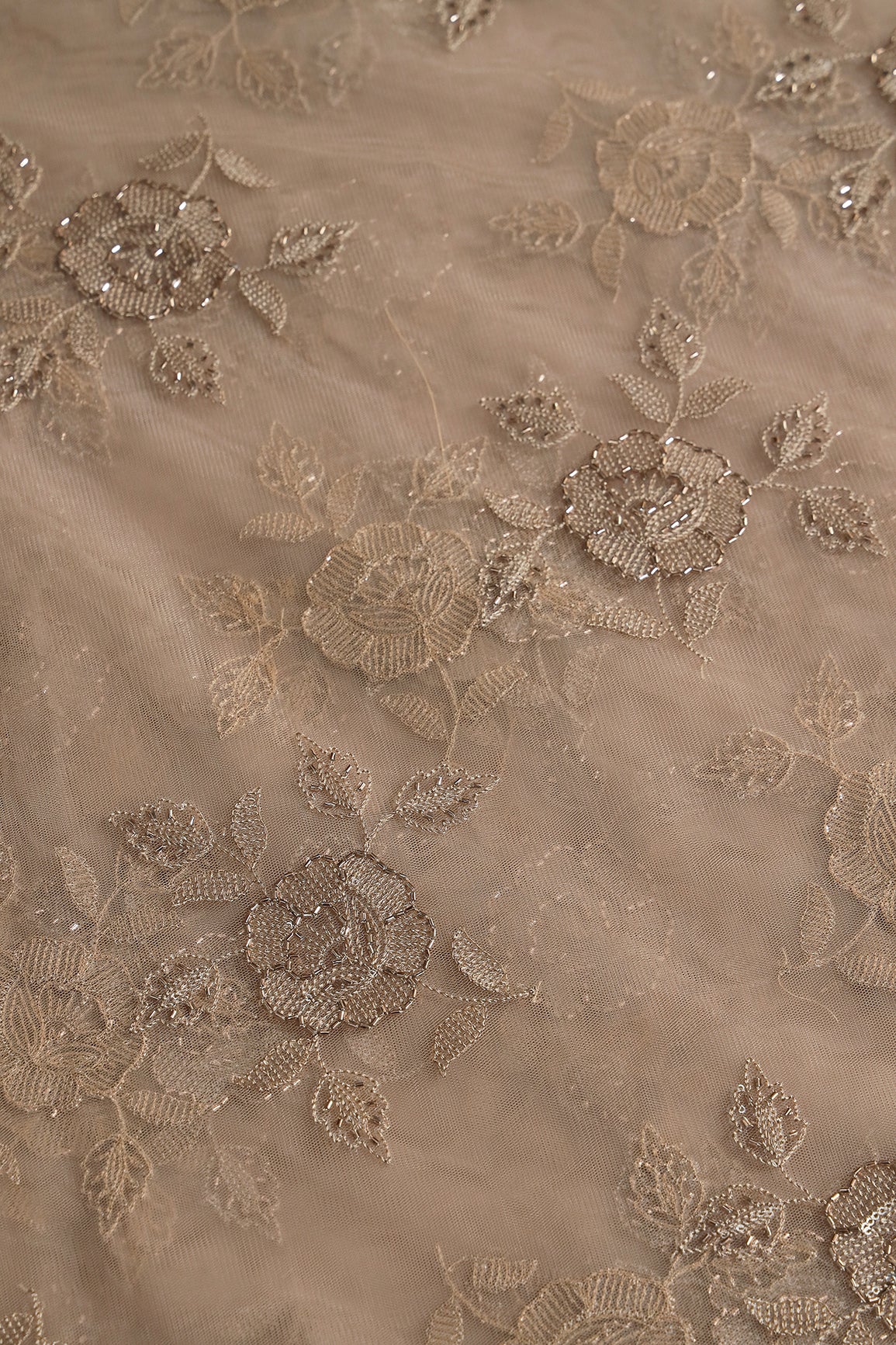 Light Brown Thread & Beads With Water Sequins Floral Embroidery Work On Light Brown Soft Net Fabric