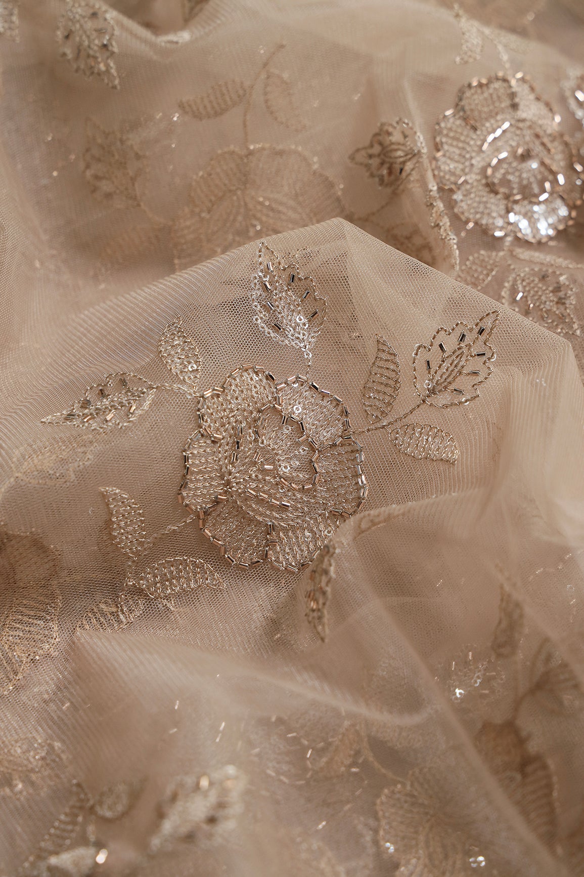 Light Brown Thread & Beads With Water Sequins Floral Embroidery Work On Light Brown Soft Net Fabric
