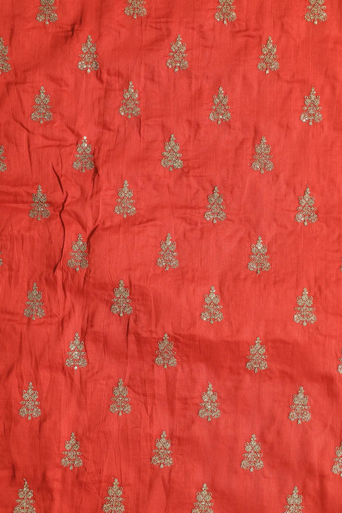 Gold Sequins With Gold Zari Big Motif Embroidery Work On Orange Raw Silk Fabric