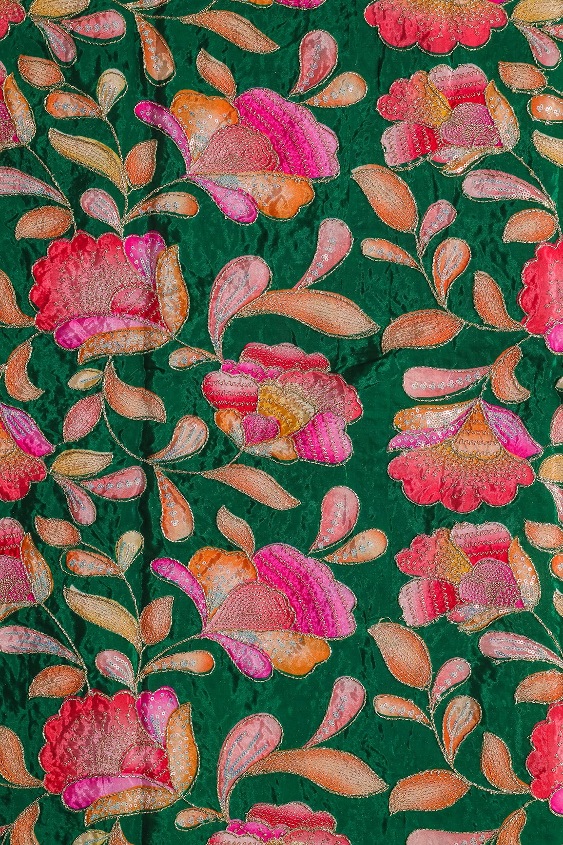 Gold Beads With Sequins Floral Positional Embroidery Work On Dark Green Pure Crepe Fabric