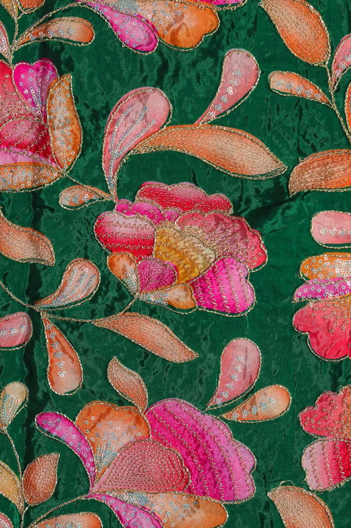 Gold Beads With Sequins Floral Positional Embroidery Work On Dark Green Pure Crepe Fabric