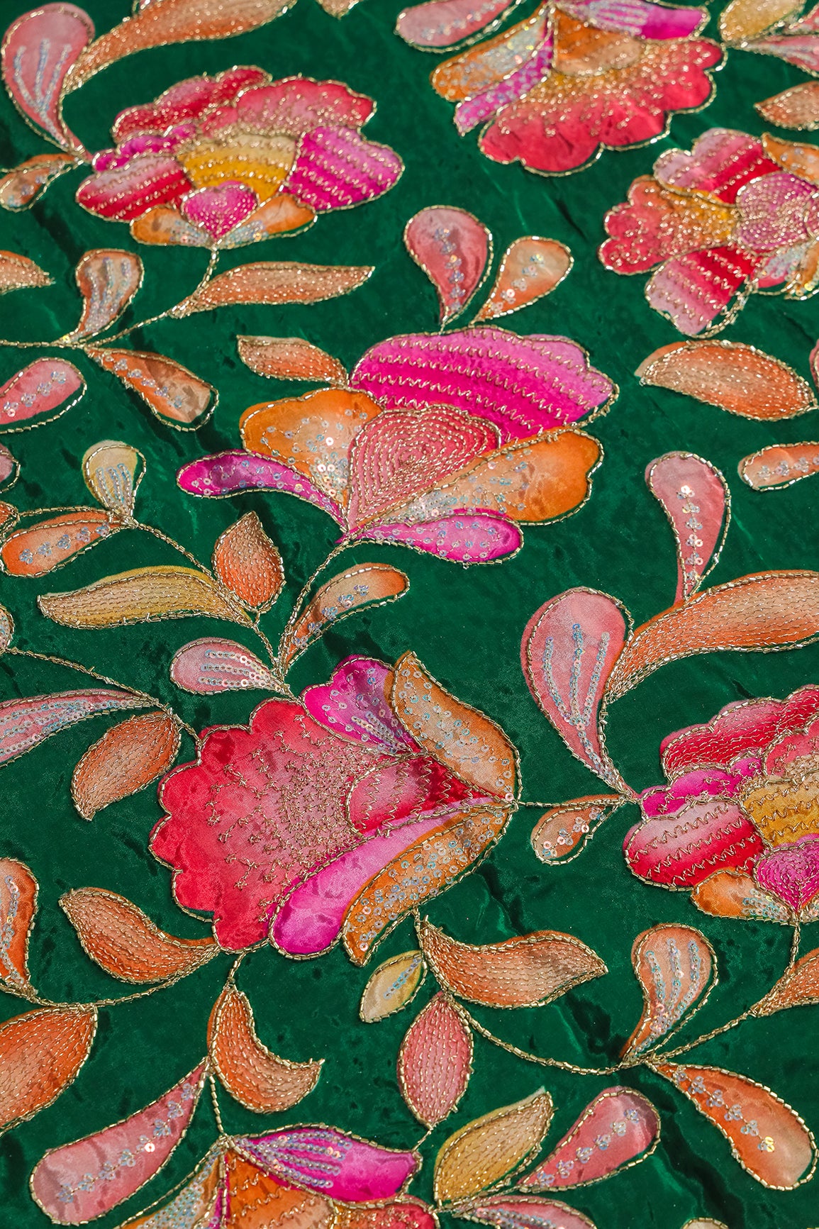 Gold Beads With Sequins Floral Positional Embroidery Work On Dark Green Pure Crepe Fabric