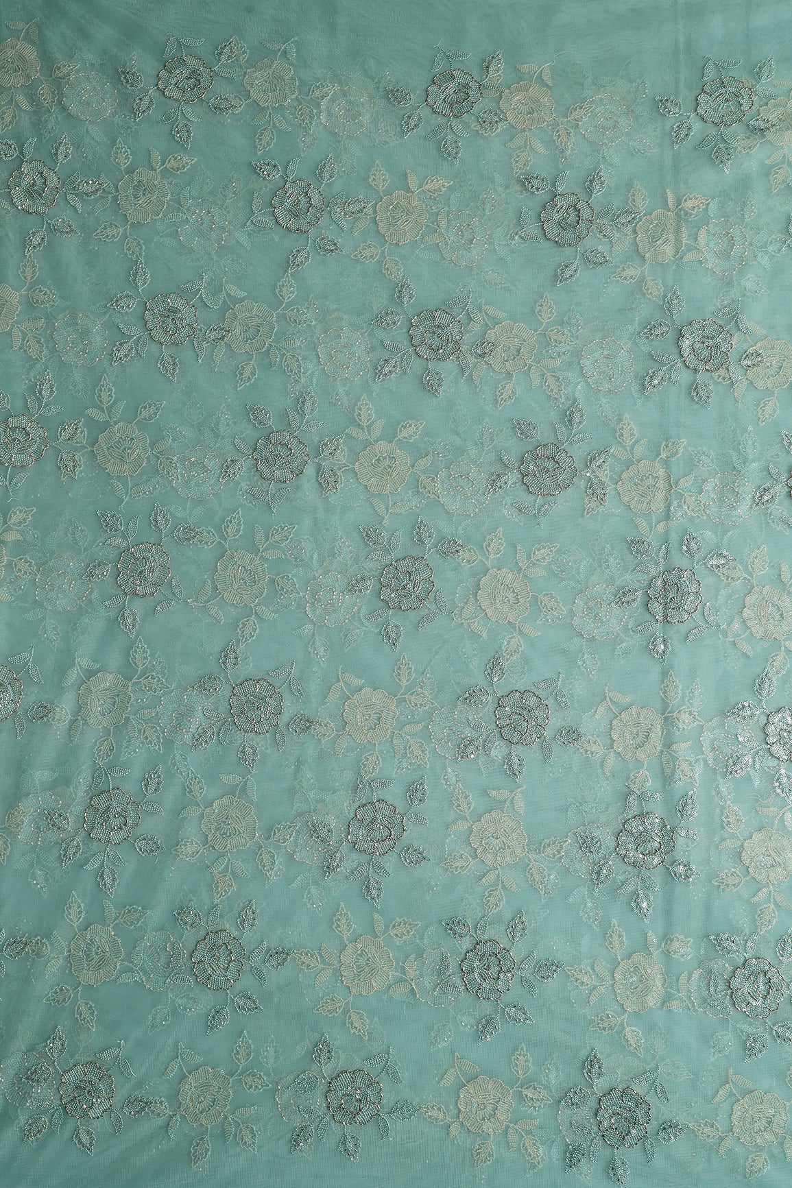 Pastel Blue Thread & Beads With Water Sequins Floral Embroidery Work On Pastel Blue Soft Net Fabric