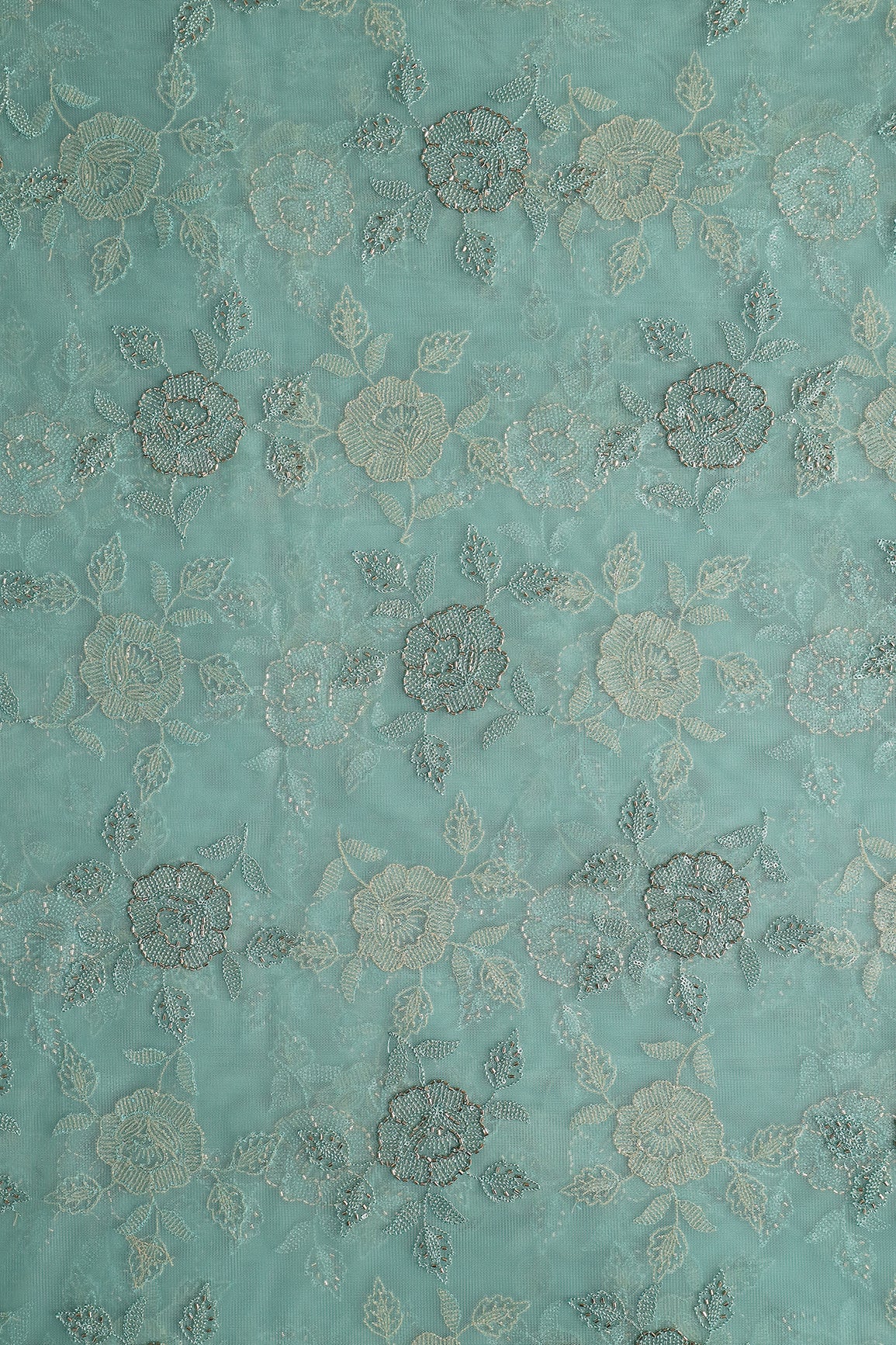 Pastel Blue Thread & Beads With Water Sequins Floral Embroidery Work On Pastel Blue Soft Net Fabric