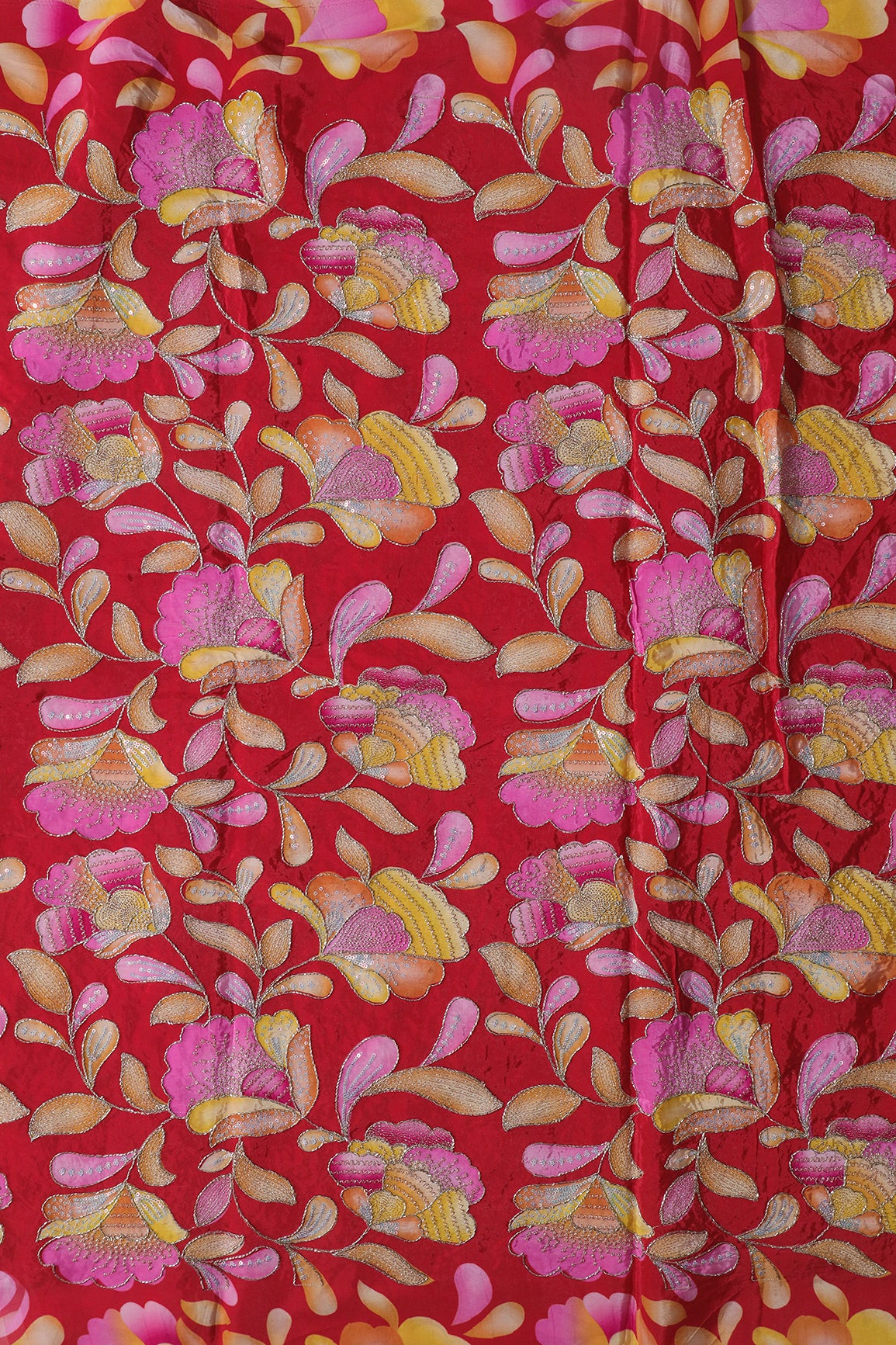 Gold Beads With Sequins Floral Positional Embroidery Work On Red Pure Crepe Fabric