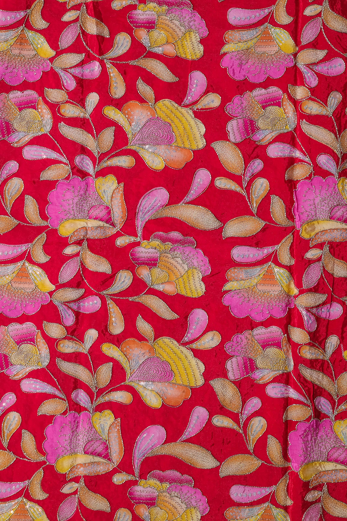 Gold Beads With Sequins Floral Positional Embroidery Work On Red Pure Crepe Fabric