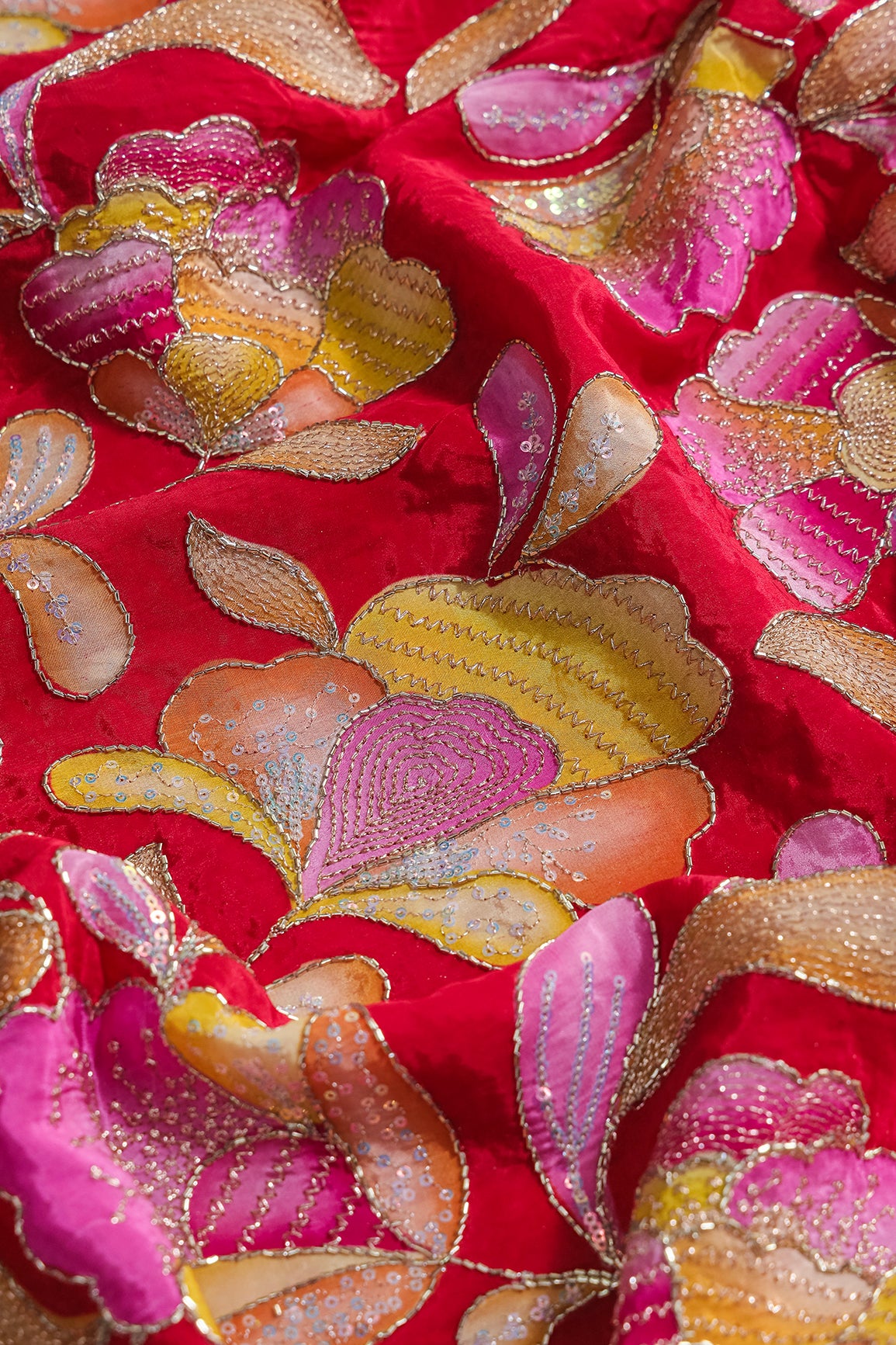 Gold Beads With Sequins Floral Positional Embroidery Work On Red Pure Crepe Fabric