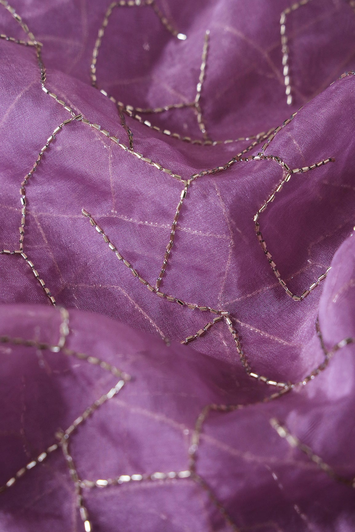 Cut Dana Beads Appealing Abstract Embroidery On Lavender Organza Fabric