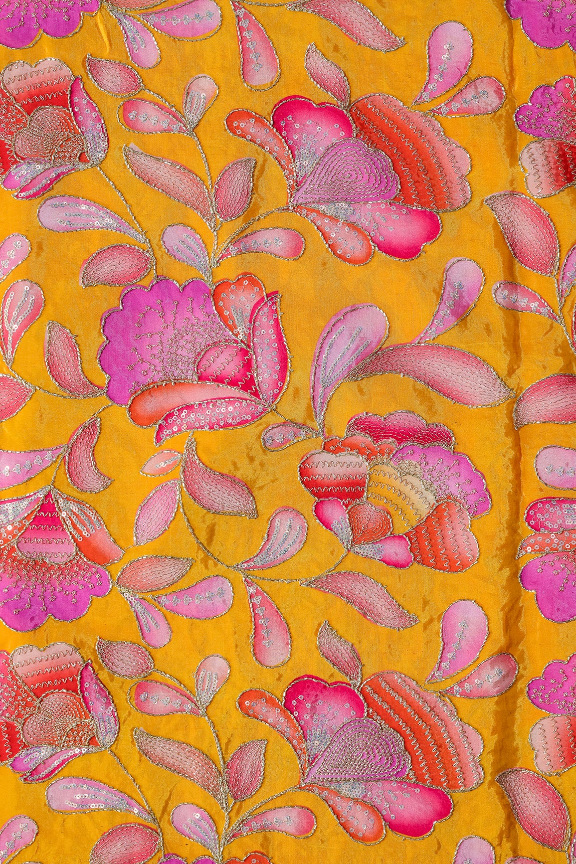Gold Beads With Sequins Floral Positional Embroidery Work On Yellow Pure Crepe Fabric