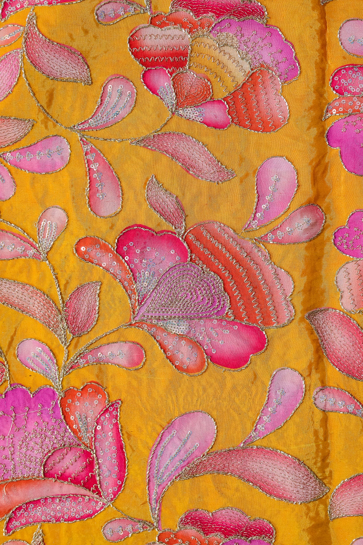 Gold Beads With Sequins Floral Positional Embroidery Work On Yellow Pure Crepe Fabric