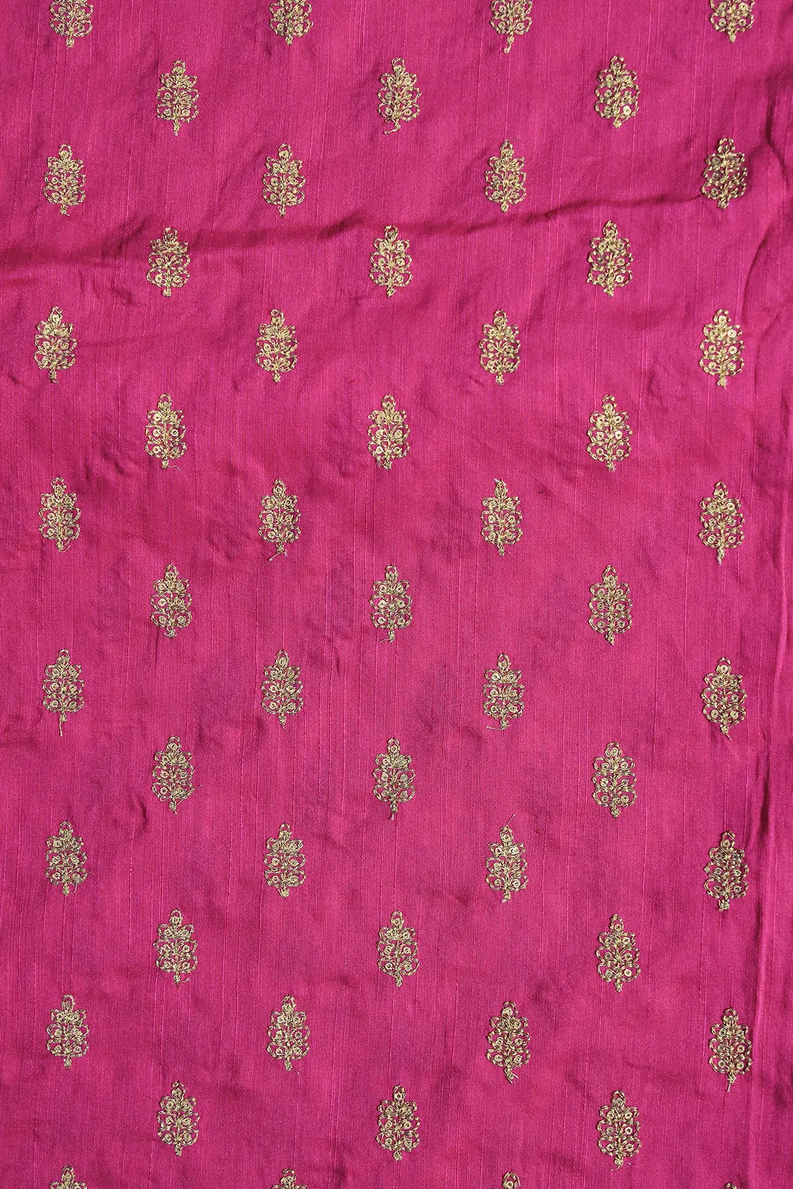 Gold Sequins With Gold Zari Small Motif Embroidery Work On Fuchsia Raw Silk Fabric