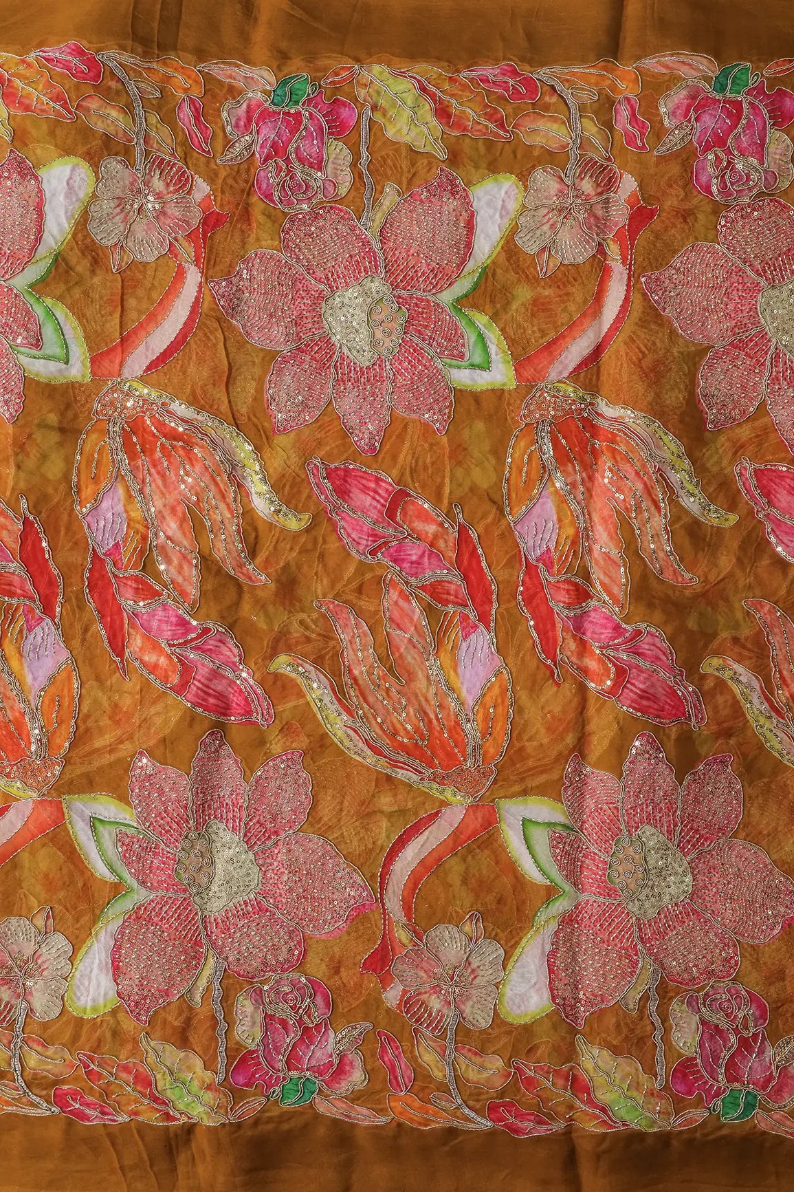 Floral Positional Print On Gold Beads Sequins With Zari Embroidery Work On Mustard Yellow Viscose Organza Fabric