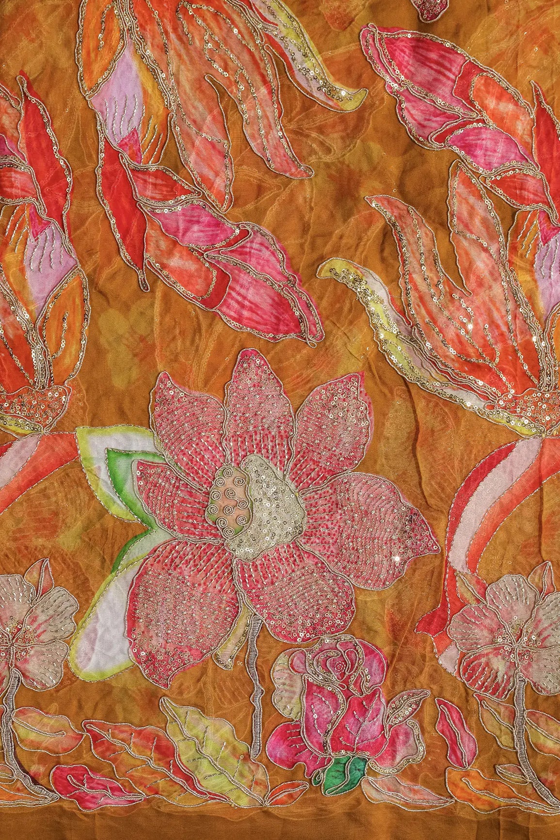Floral Positional Print On Gold Beads Sequins With Zari Embroidery Work On Mustard Yellow Viscose Organza Fabric