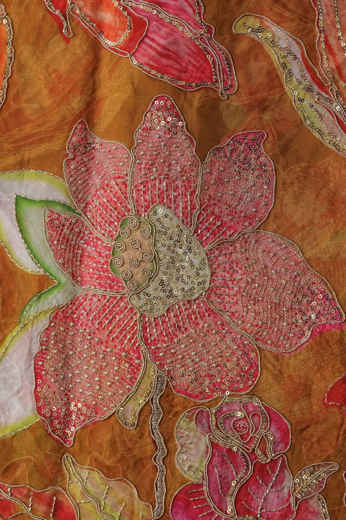Floral Positional Print On Gold Beads Sequins With Zari Embroidery Work On Mustard Yellow Viscose Organza Fabric