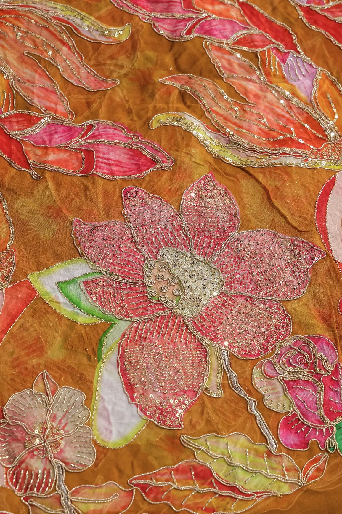 Floral Positional Print On Gold Beads Sequins With Zari Embroidery Work On Mustard Yellow Viscose Organza Fabric