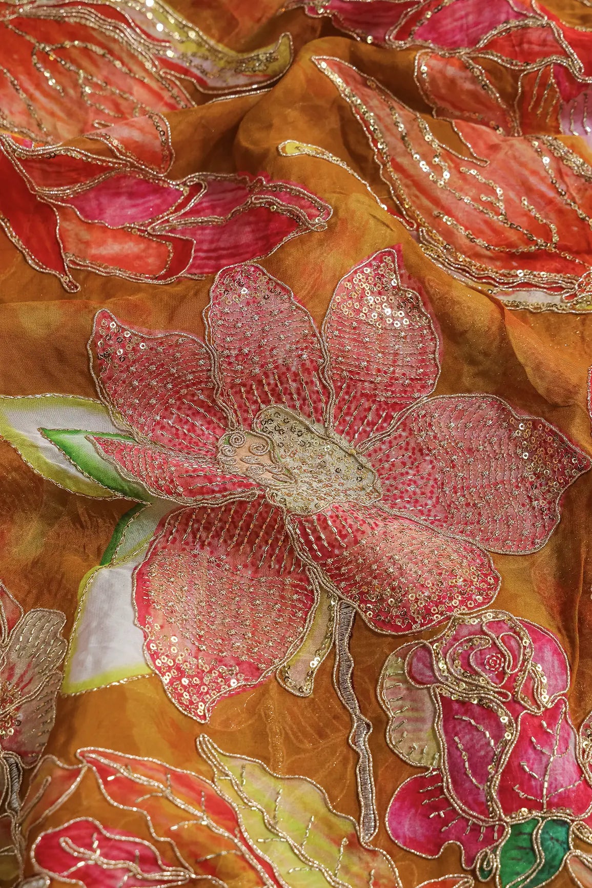 Floral Positional Print On Gold Beads Sequins With Zari Embroidery Work On Mustard Yellow Viscose Organza Fabric