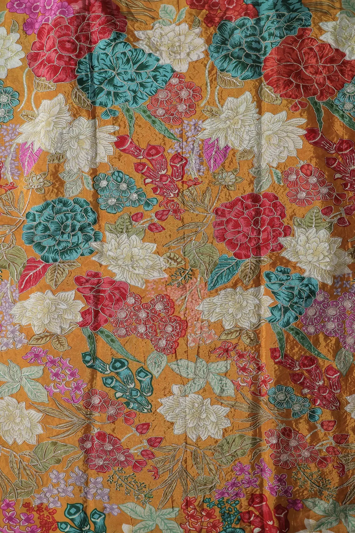 Zari with Sequins Floral Positional Print On Mustard Yellow Pure Crepe Fabric