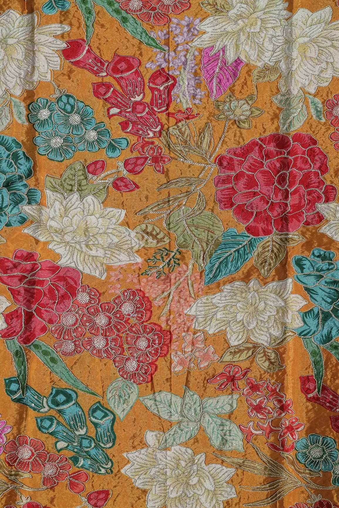 Zari with Sequins Floral Positional Print On Mustard Yellow Pure Crepe Fabric