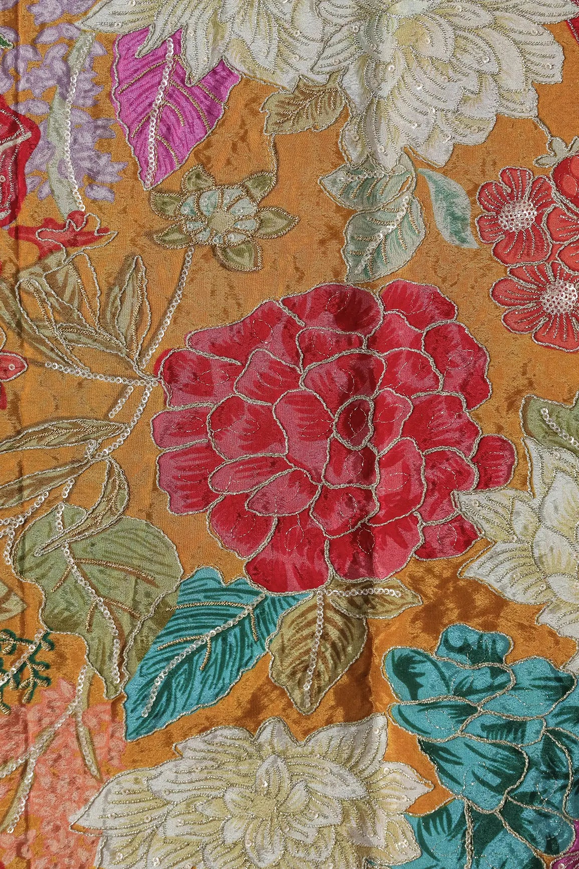 Zari with Sequins Floral Positional Print On Mustard Yellow Pure Crepe Fabric